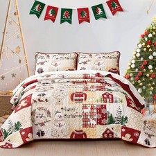 Christmas Quilt Set Queen Size, Gingerbread Snowman Patchwork Bedspread Cover...