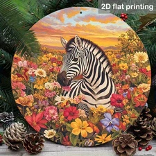 2D Flat1pcs Country Round Aluminum Wall Art, 7.87X 7.87Inch Pig And Floral Print