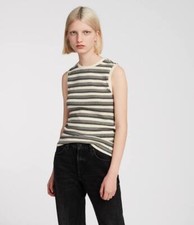 Image of All Saints Womens Cream Imogen Stripe Tank Designer Sleeveless Cotton T Shirt