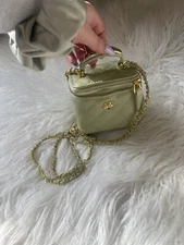 SMALL QUILTED VANITY PISTACHIO GREEN BAG CLUTCH METAL TOP HANDLE w Cross Chain