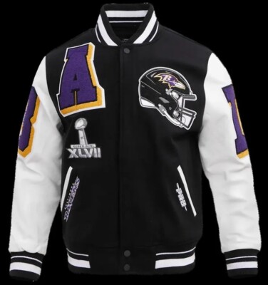 New Mens Baltimore Ravens Mashup Rib Black & White Varsity Wool Letterman Jacket