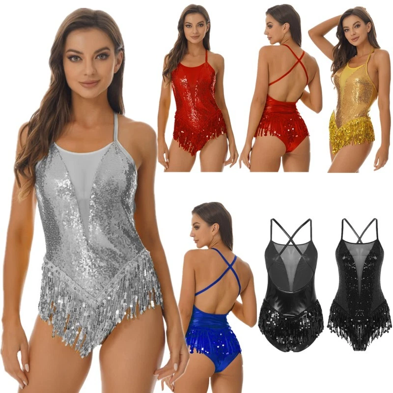 Women Latin Dance Costume Sparkling Sequins Fringed Leotard Dress Modern Dancing