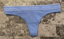 NWT NEW VICTORIA'S SECRET BLUE COTTON BLEND SMOOTH THICK LOGO BAND THONG PANTIES