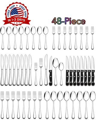 Set Juego De Cucharas Y Tenedores Cubiertos De Acero Inoxidable 48 Pcs NUEVO US