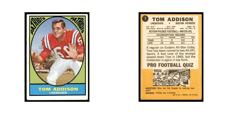 1967 Topps Tommy Addison Boston Patriots #5 - Image 3 of 3