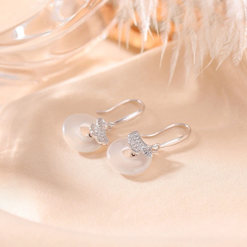 F02 Orecchini A Cerchio In Calcedon Bianco Foglia Di Ginkgo Argento Sterling 925 - Immagine 3 di 4
