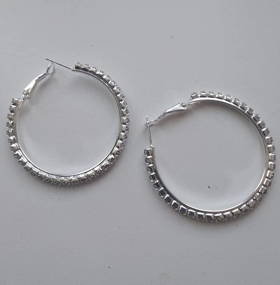 女士时尚珠宝镀银水晶水钻 2 英寸环状耳环 20-1 — 第 3/4 张图片