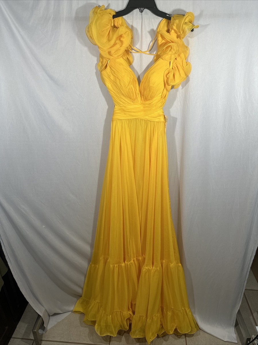 NWT $598 Mac Duggal [ 2 ] Ruffle Tiered Cutout Chiffon Gown