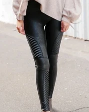 SPANX Faux Leather Moto S Leggings Black  Shaping High Rise Pull On