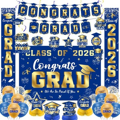 Graduation Decorations 2026 Blue and Gold , Congrats Grad Decor with Banner B...