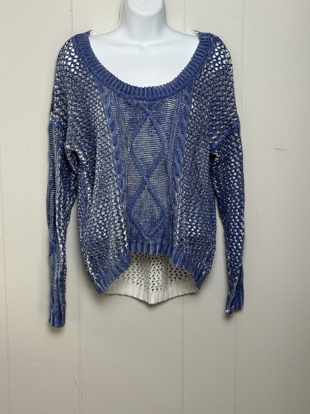 a.n.a Blue and Cream Women's Cotton Blend Open Cable Knit Sweater Size L