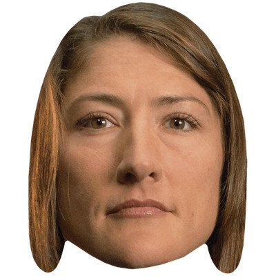 Christina Koch (braune Haare) großer Kopf. Größer als das Leben Maske.