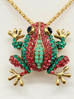 Betsey Johnson Colorful Crystal Frog Pendant/Brooch on Gold Necklace