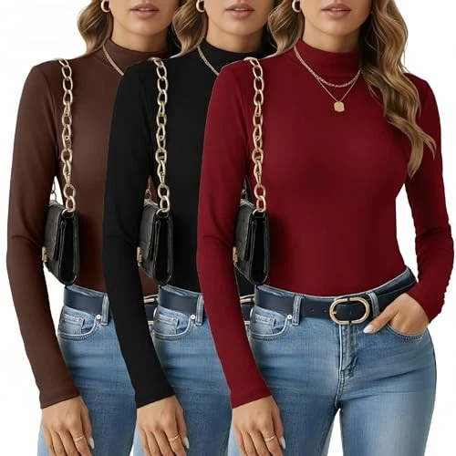 3 Pcs Women Thermal Turtlenecks Shirts Soft Large Black, Brown, Brick Red - Image 2 of 4