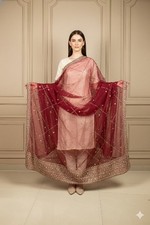 Sanskriti Vintage Red Net Dupatta Long Stole Hand Beaded Zardozi Bridal Scarves