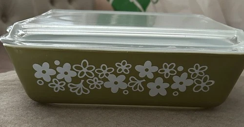 VINTAGE PYREX SPRING BLOSSOM CRAZY DAISY AVOCADO GREEN #503 1  1/2 QT WITH LID