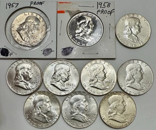 Lot of 10 1957-1963 Franklin Half Dollars BU-Proof Details
