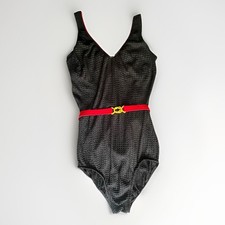 Retro 80s Jantzen Black Red Belt Bathing Suit Swim Ruched Texture Sporty Beach