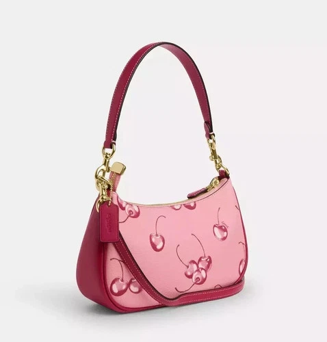 COACH Teri 2way Shoulder Bag Pink Canvas Leather Cherry Print CR290 Outlet New - Picture 2 of 16