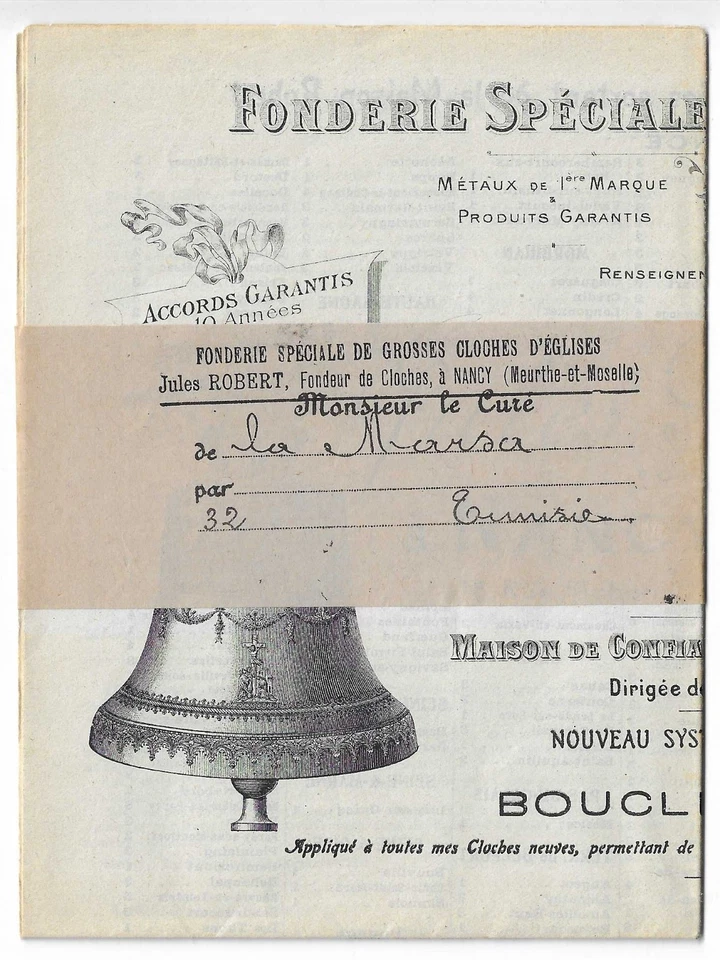 FONDERIE SPÉCIALE de GROSSES CLOCHES d'ÉGLISES - Jules ROBERT, Nancy - dbt XX° - Photo 1/4