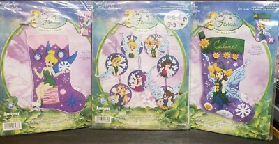 Tinkerbell Fairies Janlynn Christmas Embroidery Sequin Stocking Ornament Kit Lot