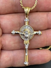 Solid 925 Silver Cross Jesus Pendant Yellow Gold Plated Icy CZ Crucifix Necklace