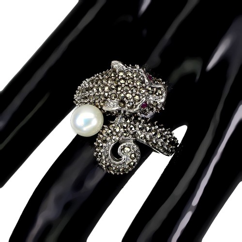 925 Anillo Plata de Ley Redondo Rubí Perla Marcasita Tigre Gema Joyería - Imagen 3 de 9