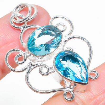 Swiss Blue Topaz Gemstone Handmade 925 Sterling Silver Jewelry Pendant Size 2''
