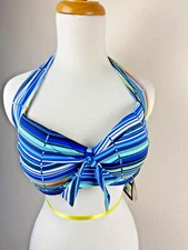 Sunseeker Bikini Top 10 US C–D Cup Aqua Stripe Padded Halter Tie Back Swim NWT