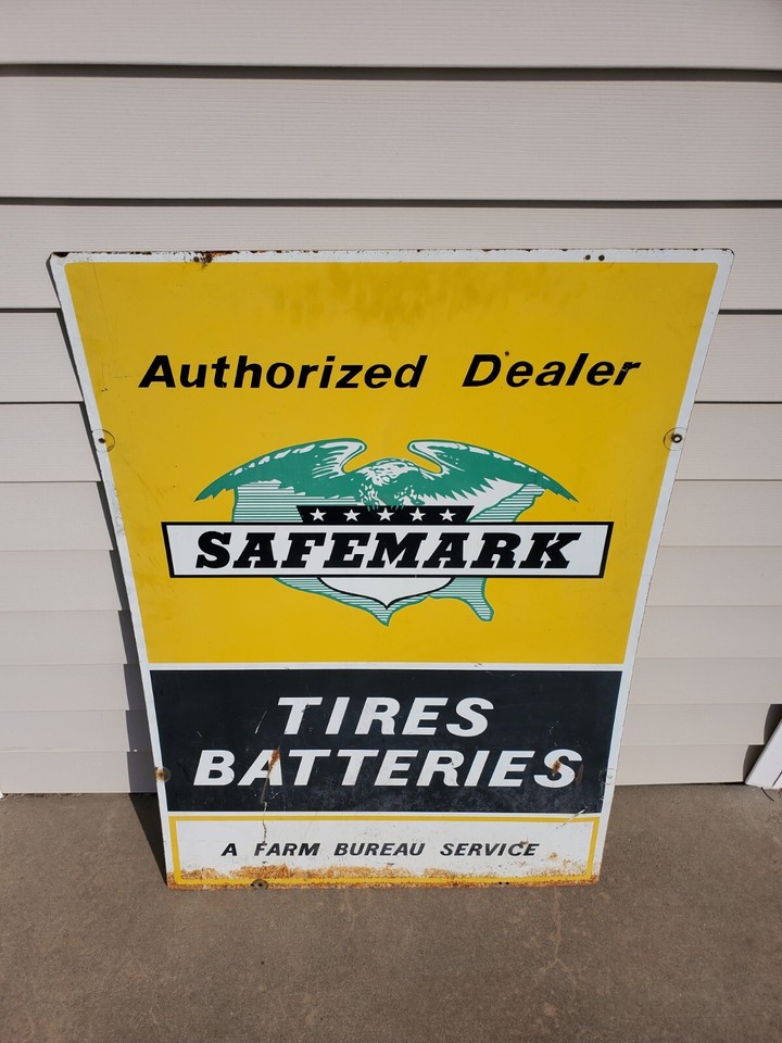 Vintage Two Sided Farm Bureau Safemark Tires & Batteries Sign 28"x 40
