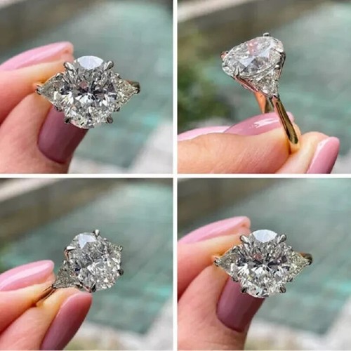 2.00Ct Oval Cut Moissanite Three Stone Engagement Ring In 14k Yellow Gold Plated - Picture 2 of 6