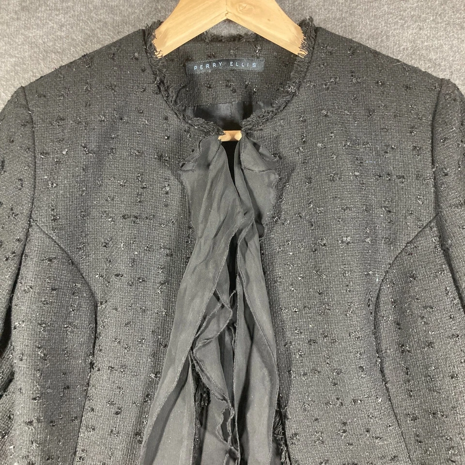Chaqueta Blazer Perry Ellis Boucle Flecos Mujer 4 Negra Mezcla Lana Cierre de Corbata Foto 2 de 4