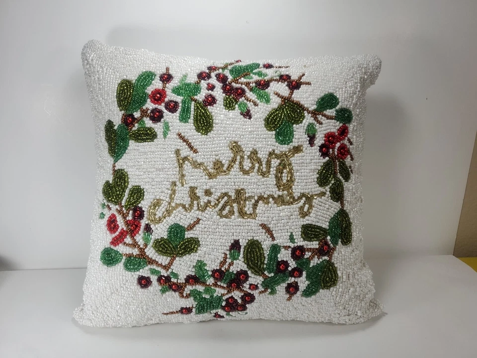 Merry Christmas Holiday Beaded Throw Pillow Holly Berries Square Decor 13" - Imagem 3 de 4