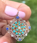 Vintage Art Deco Diamond Turquoise Sapphire Filigree Pendant Estate Fine Jewelry
