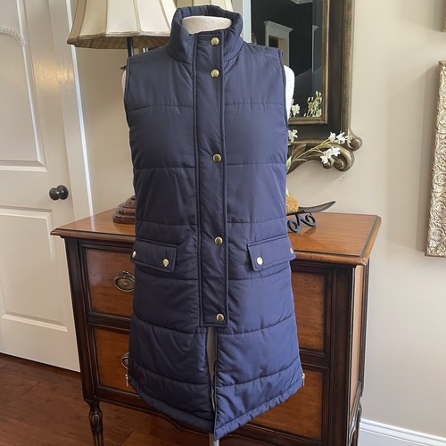Women’s Tunic-Length Puffer Vest Navy Blue with Gold Accents Size Small