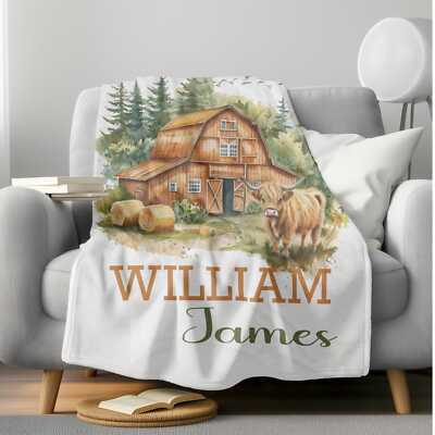 Personalized Highland Cow Baby Blanket - Rustic Farmhouse Baby Shower Gift