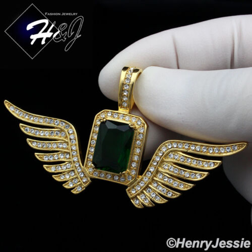 MEN's Stainless Steel Green Rhinestone Gold Plated Flying Wing Pendant*GP108 - Picture 1 of 3