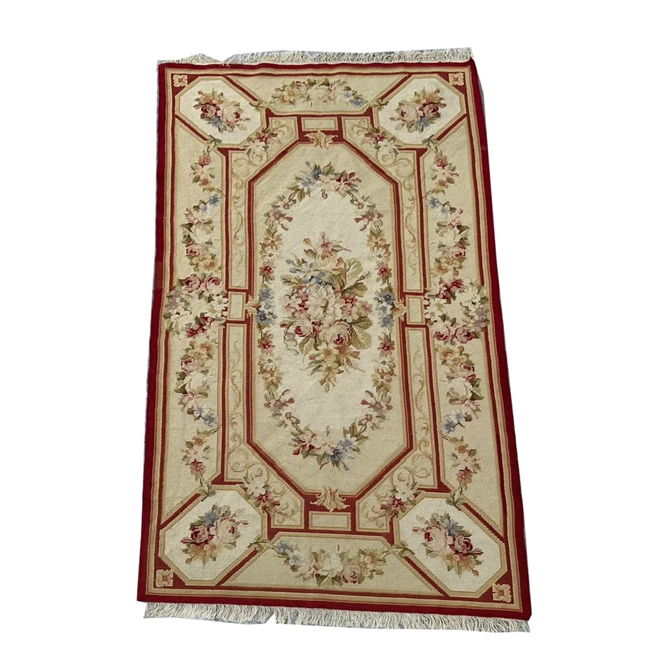 Alfombra francesa vintage Aubusson punta de aguja lana decoración del hogar alfombra 133x75 cm Foto 2 de 4