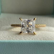2 ctw Princess Cut Moissanite Hidden Halo Engagement Ring 14K Yellow Gold Plated