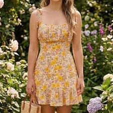 Lily Rose Floral Tie Strap Smocked Mini Dress Yellow Small Cottagecore Boho