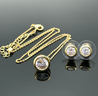 3 TLG SET: KETTE ANHÄNGER & OHRSTECKER GELBVERGOLDET MIT ZIRKONIA SCHMUCKJAGD