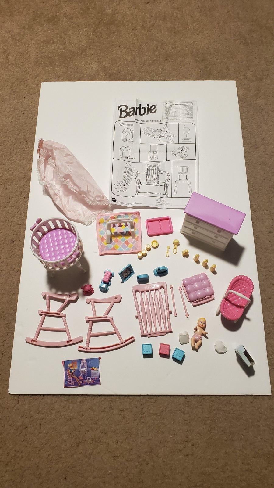 Barbie Baby Nursery Furniture Set Lot Rocking Chair Cradle Chest Baby Doll Pink