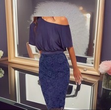 New LIPSY Size 18 Navy Blue 2 in 1 Lace Slash Neck Bodycon Dress Knee Length