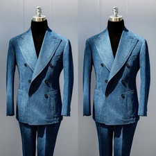 Blue Denim Men's Suits Double Breasted Peak Lapel Tuxedos Wedding Party Blazer