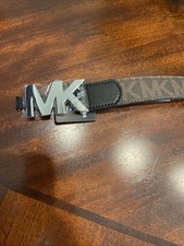 Michael Kors Men's 34 Silver Tone MK Logo Buckle Brown Black Monogram Belt NEW