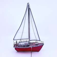 Vintage Stained Glass Sailboat Panel Red Hull Nautical Suncatcher Metal Frame