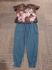 Greys Anatomy Scrub Set Teal SPX Pants Floral Shirt Large