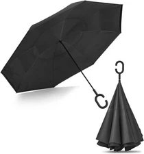 Large Inverted Reverse Umbrella with C-Shaped Handle, Windproof Double Layer Ups