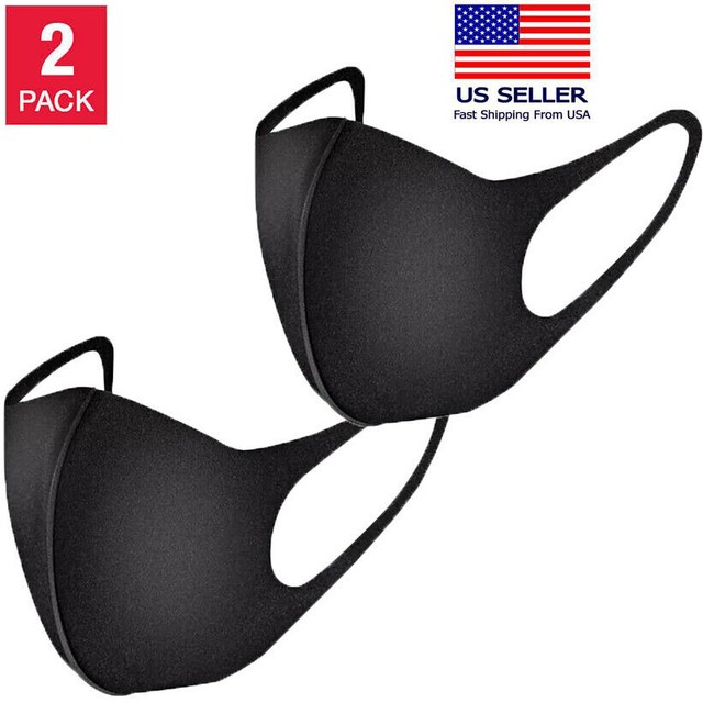 Black Cloth Face Mask Black Washable Masks Breathable Unisex [2 Pack