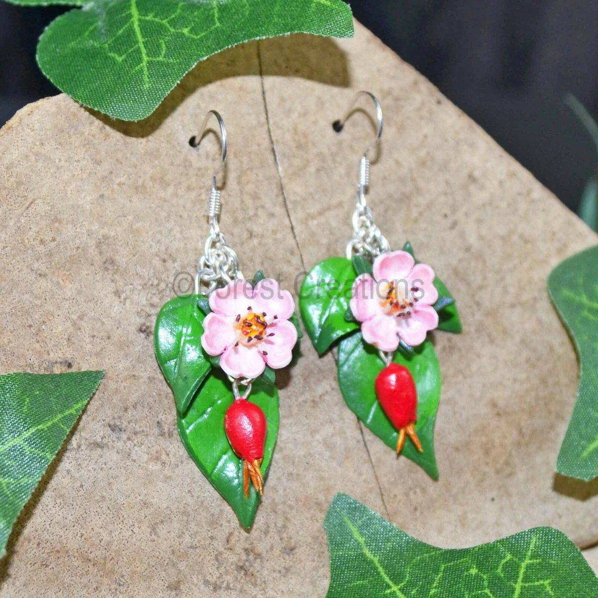 Briar Rose and Rose Hip Earrings Polymer Clay Jewellery Summer